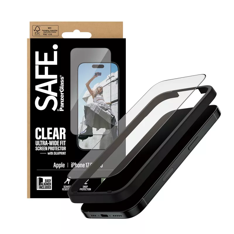 PanzerGlass SAFE ekrano apsauginis stiklas su juodu rėmeliu iPhone 17 | 16 Pro Ultra-Wide Fit su EasyAligner