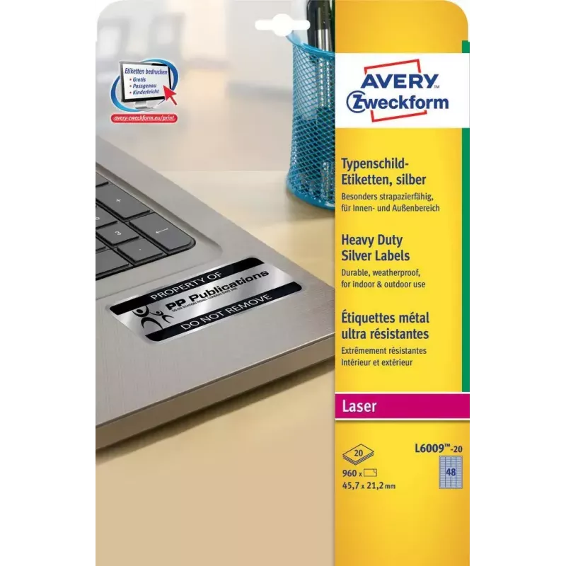 Patvarūs sidabriniai lipdukai Avery L6009-20, apvalūs stačiakampiai, 960 vnt.