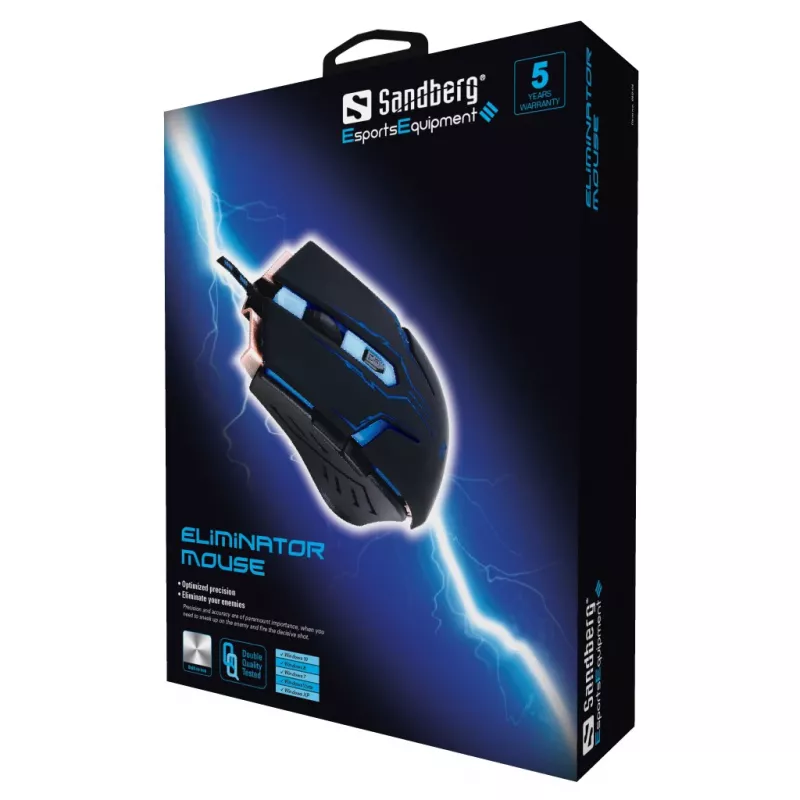 Sandberg Eliminator pelė, dešinei rankai, USB Type-A, 2400 DPI, juoda