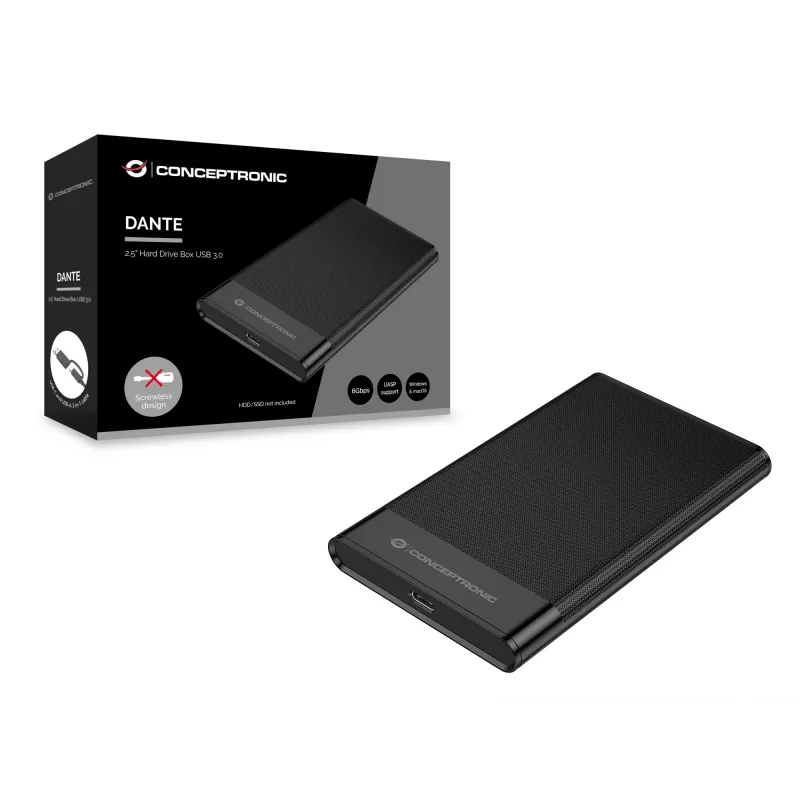 Conceptronic DANTE06B 2,5 colio išorinis kietojo disko dėklas USB 3.0, HDD/SSD korpusas, Serial ATA III, 6 Gbit/s, juodas