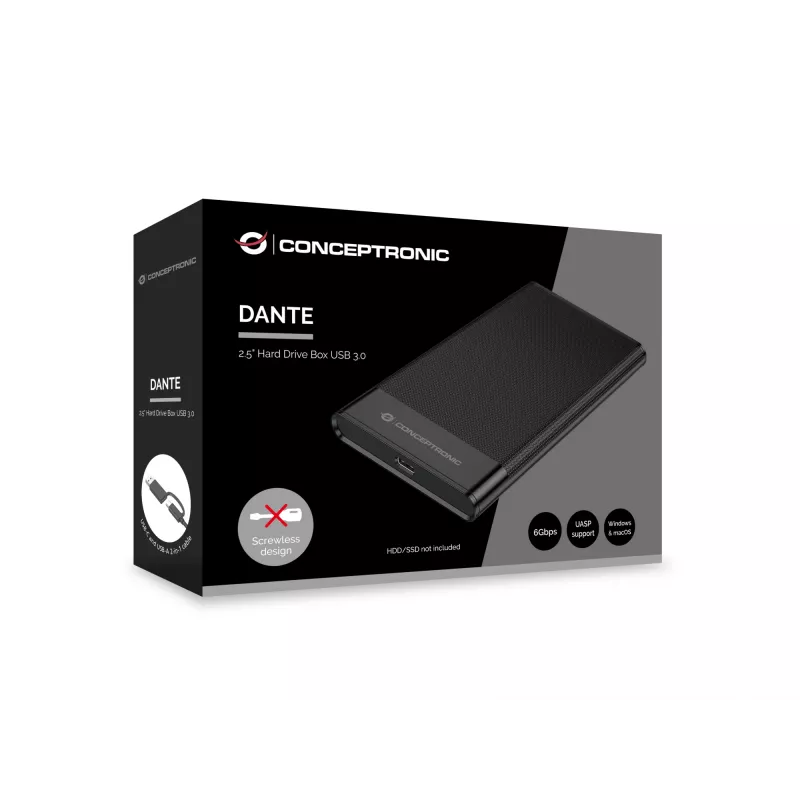 Conceptronic DANTE06B 2,5 colio išorinis kietojo disko dėklas USB 3.0, HDD/SSD korpusas, Serial ATA III, 6 Gbit/s, juodas