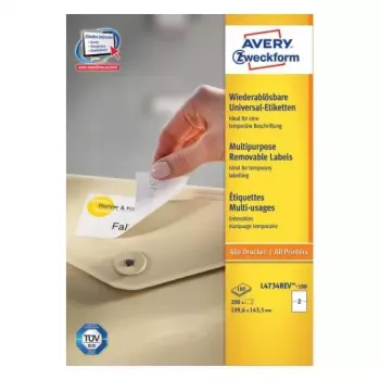 Lipnios etiketės Avery L4734REV-100, nuimamos, 200 vnt.