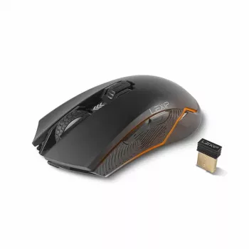 Lexip Ar18 – Belaidė žaidimų pelė su keraminiais slydikliais, dešinei rankai, optinė, RF belaidis + USB Type-A, 4800 DPI, juoda