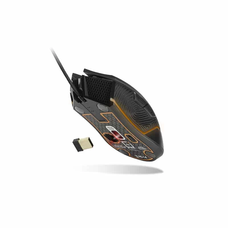 Lexip Ar18 – Belaidė žaidimų pelė su keraminiais slydikliais, dešinei rankai, optinė, RF belaidis + USB Type-A, 4800 DPI, juoda