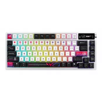 Mechaninė žaidimų klaviatūra ASUS ROG Azoth X — 75% išdėstymas, USB + RF belaidis + Bluetooth, RGB, riešų atrama, juoda/balta