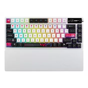 Mechaninė žaidimų klaviatūra ASUS ROG Azoth X — 75% išdėstymas, USB + RF belaidis + Bluetooth, RGB, riešų atrama, juoda/balta
