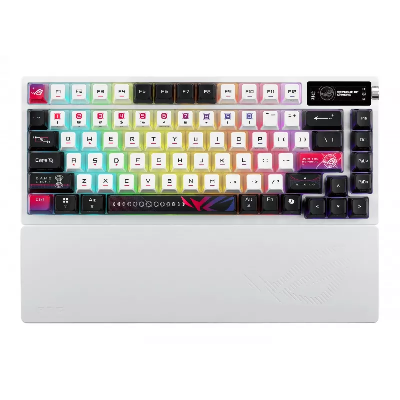 Mechaninė žaidimų klaviatūra ASUS ROG Azoth X — 75% išdėstymas, USB + RF belaidis + Bluetooth, RGB, riešų atrama, juoda/balta