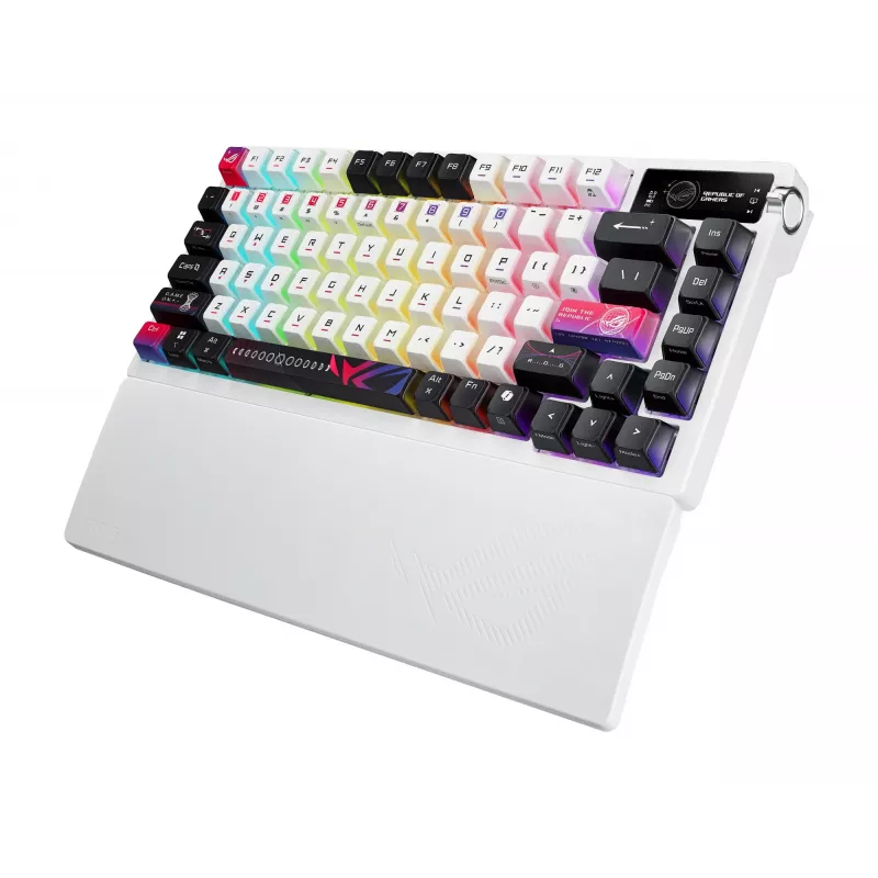 Mechaninė žaidimų klaviatūra ASUS ROG Azoth X — 75% išdėstymas, USB + RF belaidis + Bluetooth, RGB, riešų atrama, juoda/balta