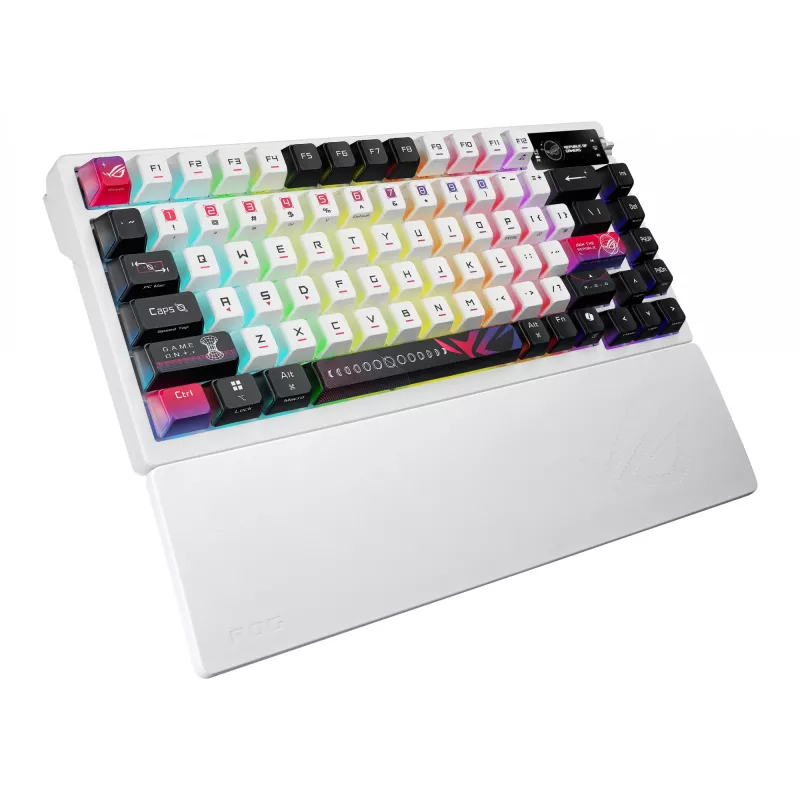 Mechaninė žaidimų klaviatūra ASUS ROG Azoth X — 75% išdėstymas, USB + RF belaidis + Bluetooth, RGB, riešų atrama, juoda/balta