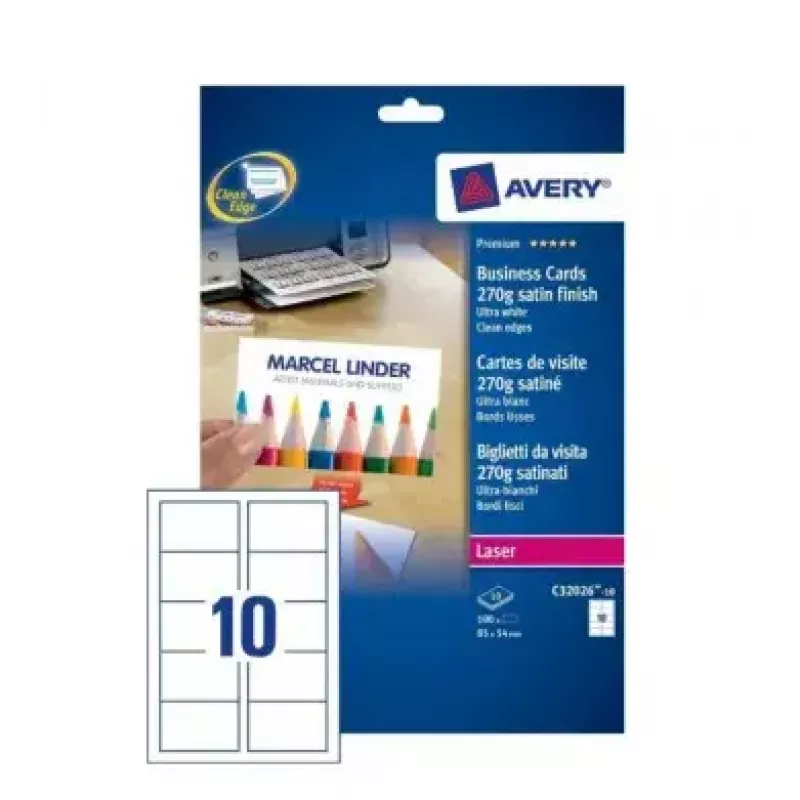 Avery C32026-10 popierius vizitinėms kortelėms, 10 lapų, 100 kortelių, 270 g/m², satino apdaila