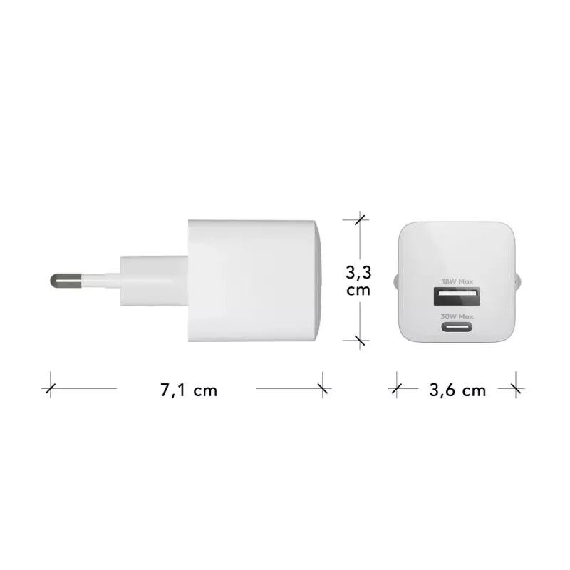 d bramante CH18EUWH7082 Sieninis įkroviklis USB-C 30W + USB-A 18W, baltas