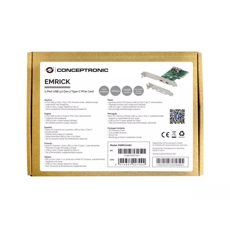 Conceptronic EMRICK PCIe kortelė su 2 USB 3.2 Gen 2 Type-C prievadais, savaiminio maitinimo