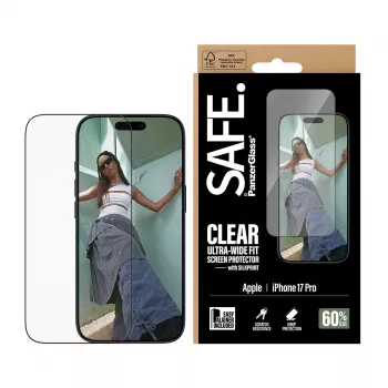 Apsauginis stiklas PanzerGlass SAFE. by iPhone 17 Pro — itin plati PET plėvelė su juodu rėmeliu, sausa aplikacija, atspari įbrėžimams ir smūgiams