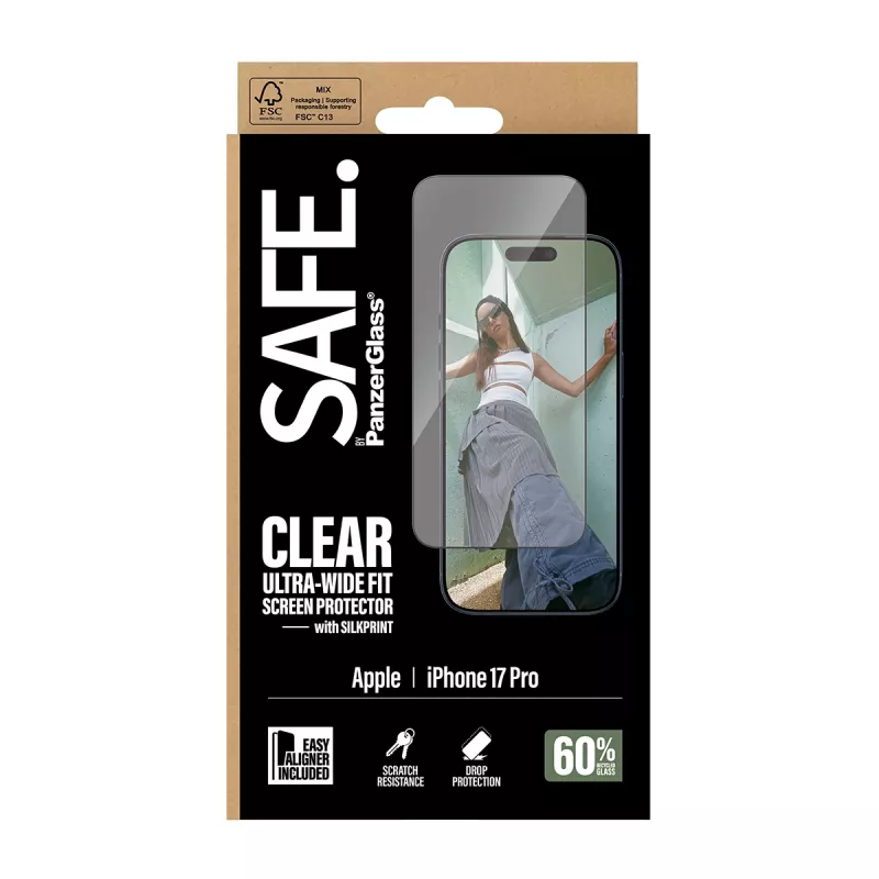 Apsauginis stiklas PanzerGlass SAFE. by iPhone 17 Pro — itin plati PET plėvelė su juodu rėmeliu, sausa aplikacija, atspari įbrėžimams ir smūgiams