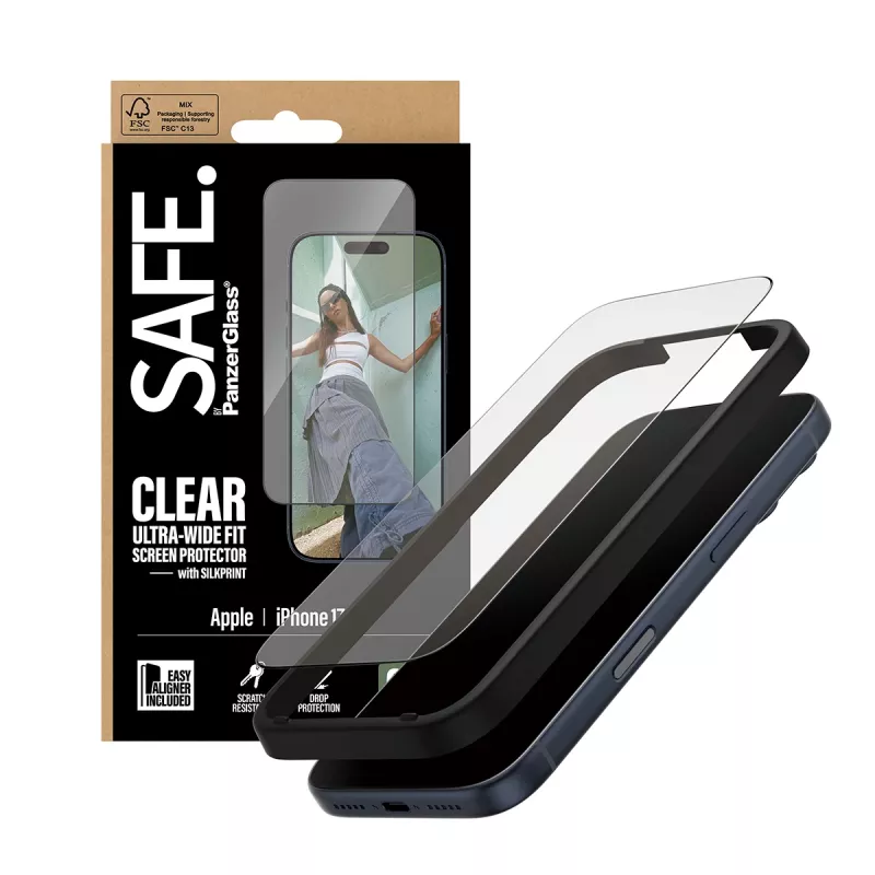 Apsauginis stiklas PanzerGlass SAFE. by iPhone 17 Pro — itin plati PET plėvelė su juodu rėmeliu, sausa aplikacija, atspari įbrėžimams ir smūgiams