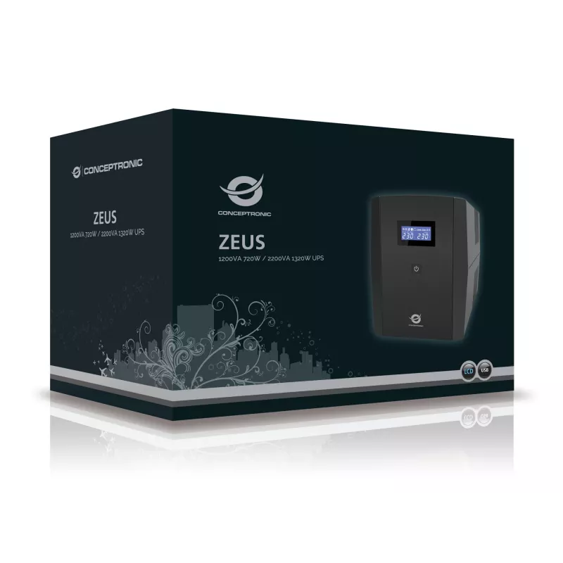 Conceptronic ZEUS 2200VA 1320W nepertraukiamo maitinimo šaltinis (UPS), IEC + Schuko lizdai, linijinis-interaktyvus