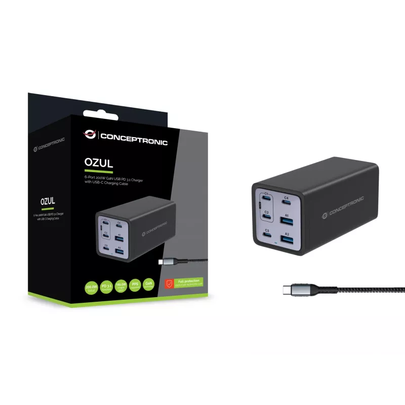 Conceptronic 6 prievadų 200W GaN USB PD įkroviklis su USB-C įkrovimo laidu, USB-C x 4, USB-A x 2, QC 3.0, PD 3.1, PPS