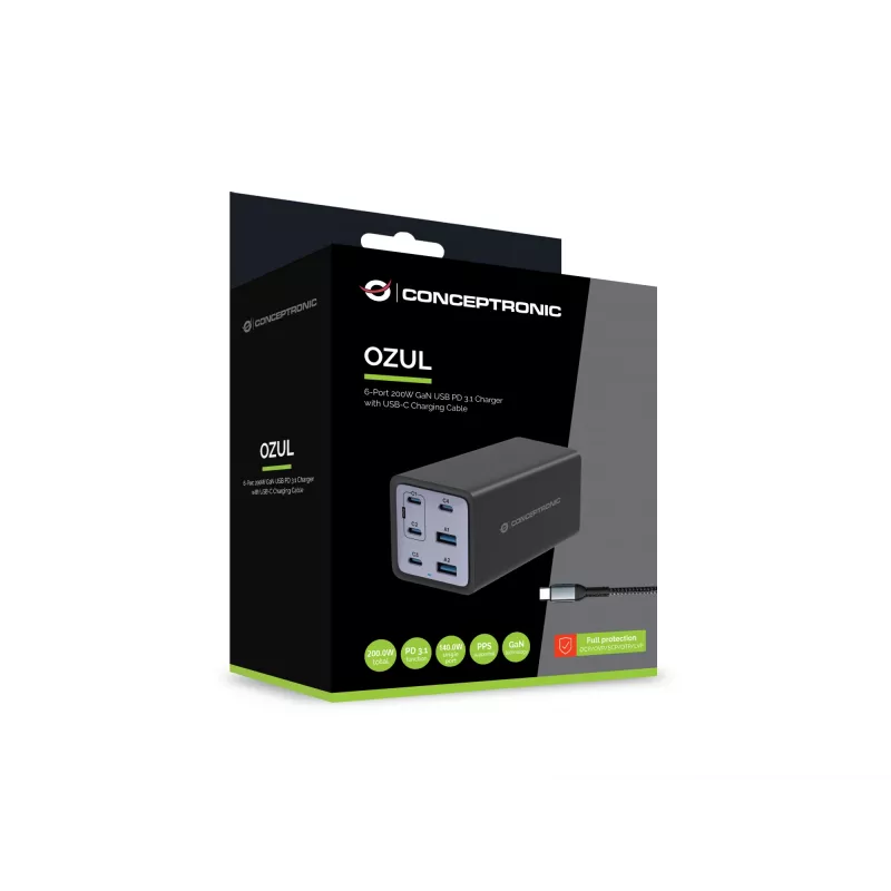 Conceptronic 6 prievadų 200W GaN USB PD įkroviklis su USB-C įkrovimo laidu, USB-C x 4, USB-A x 2, QC 3.0, PD 3.1, PPS