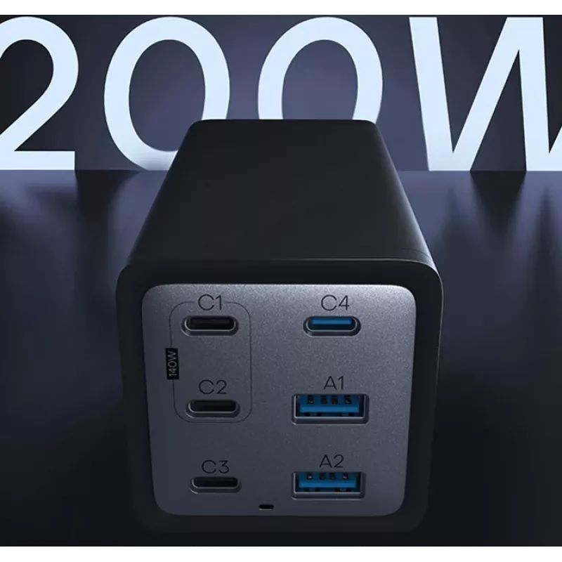 Conceptronic 6 prievadų 200W GaN USB PD įkroviklis su USB-C įkrovimo laidu, USB-C x 4, USB-A x 2, QC 3.0, PD 3.1, PPS