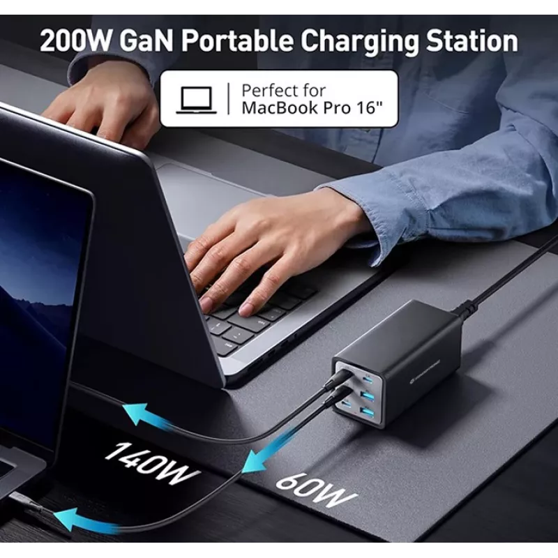 Conceptronic 6 prievadų 200W GaN USB PD įkroviklis su USB-C įkrovimo laidu, USB-C x 4, USB-A x 2, QC 3.0, PD 3.1, PPS