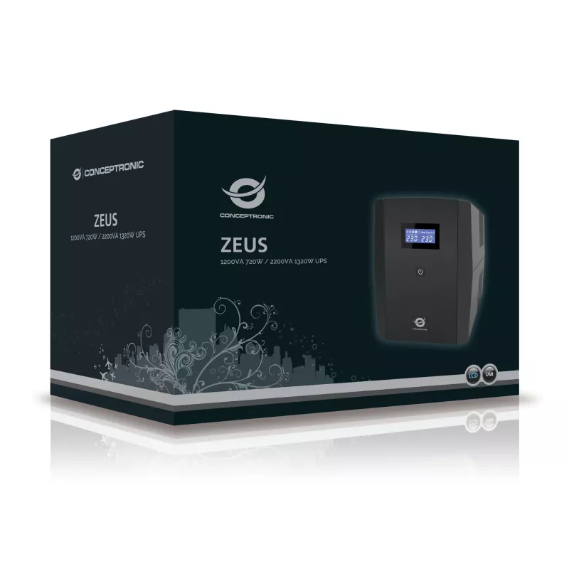 Conceptronic ZEUS 1200VA 720W UPS, IEC + Schuko lizdas, linijinis-interaktyvus, 1,2 kVA, 720 W, 220 V, 240 V, 220 V