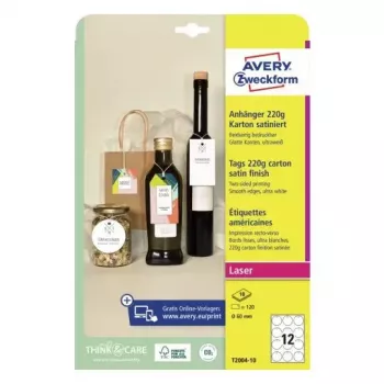 Kainų etiketės be lipniosios juostos Avery T2004-10, 120 vnt., balti, apvalūs, 6 cm