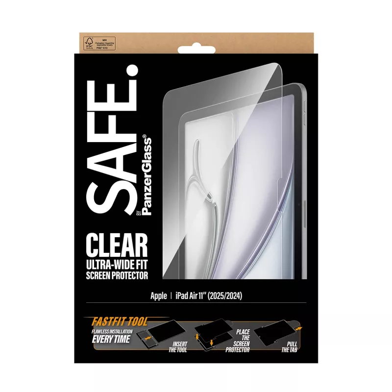 PanzerGlass SAFE. apsauginis stiklas iPad Air 11 colių (2024–2026) | Ultra-Wide Fit su Fastfit įrankiu