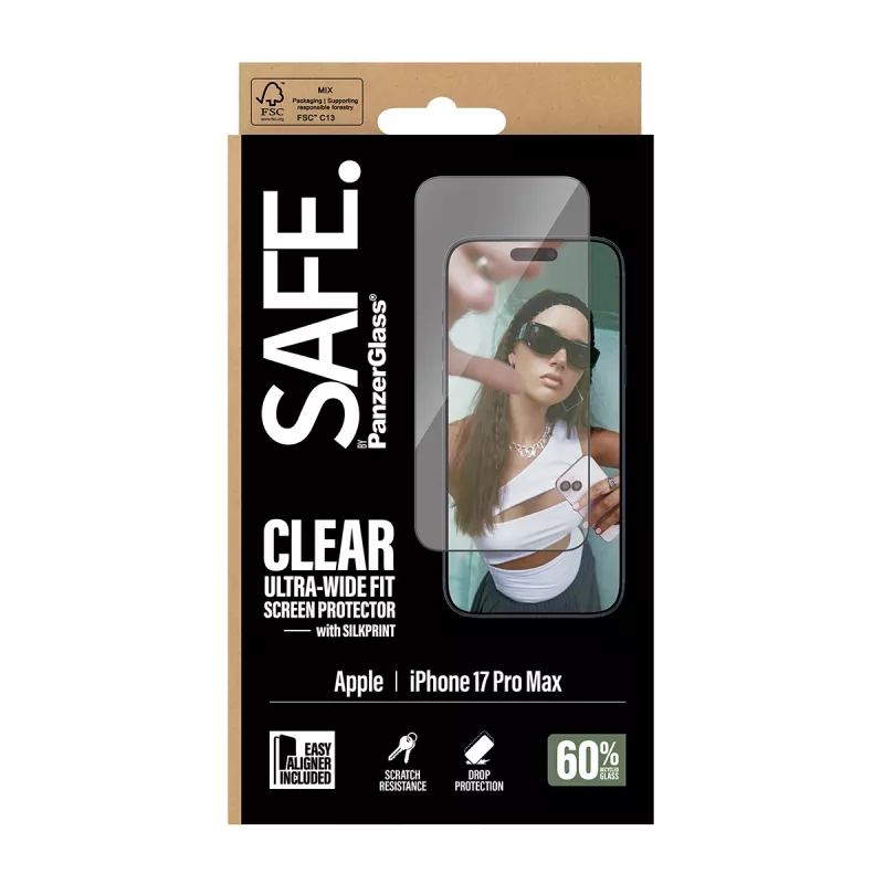 Apsauginis stiklas PanzerGlass SAFE. iPhone 17 Pro Max – itin plati PET plėvelė su juodu rėmeliu, EasyAligner, atspari įbrėžimams ir smūgiams