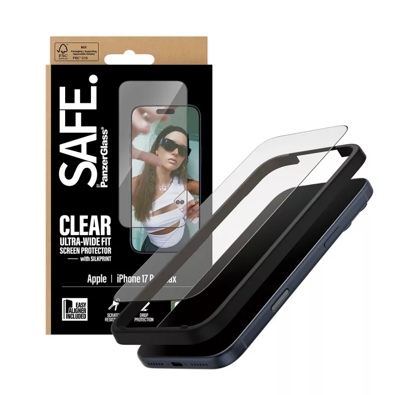 Apsauginis stiklas PanzerGlass SAFE. iPhone 17 Pro Max – itin plati PET plėvelė su juodu rėmeliu, EasyAligner, atspari įbrėžimams ir smūgiams