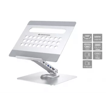 Conceptronic DONN27G stovas nešiojamam kompiuteriui, sidabrinis, aliuminis, 360°, USB 3.2 Gen 1 Type-C, 5000 Mbit/s
