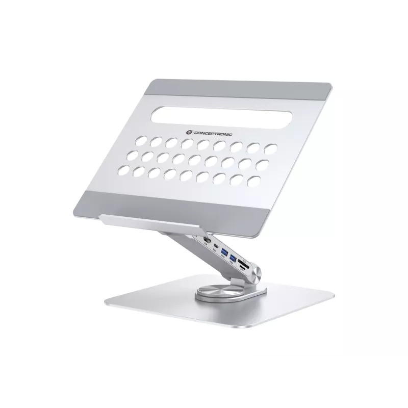 Conceptronic DONN27G stovas nešiojamam kompiuteriui, sidabrinis, aliuminis, 360°, USB 3.2 Gen 1 Type-C, 5000 Mbit/s