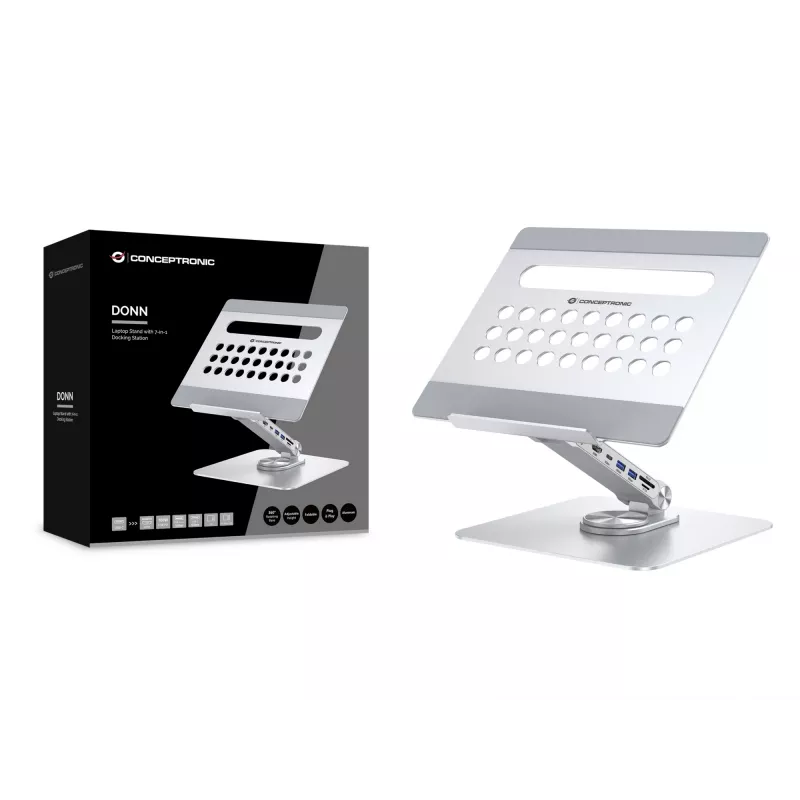 Conceptronic DONN27G stovas nešiojamam kompiuteriui, sidabrinis, aliuminis, 360°, USB 3.2 Gen 1 Type-C, 5000 Mbit/s