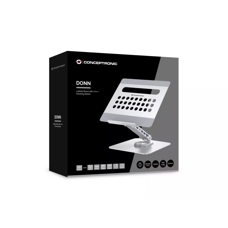Conceptronic DONN27G stovas nešiojamam kompiuteriui, sidabrinis, aliuminis, 360°, USB 3.2 Gen 1 Type-C, 5000 Mbit/s