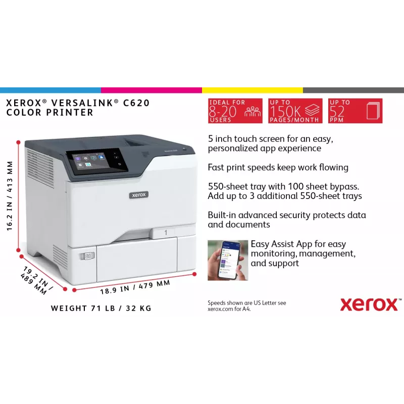 Xerox VersaLink C620 A4 50ppm Spalvotas Daugiafunkcis Spausdintuvas su Dvivide Spauda, PS3, PCL5e/6, 2 Dėklai 650 Lapų