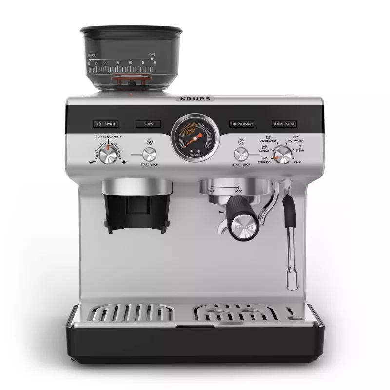 Kavos aparatas KRUPS XP801T pusiau automatinis su malūnėliu, 3 L vandens talpa, 2 puodeliams, juodas/nerūdijantis plienas