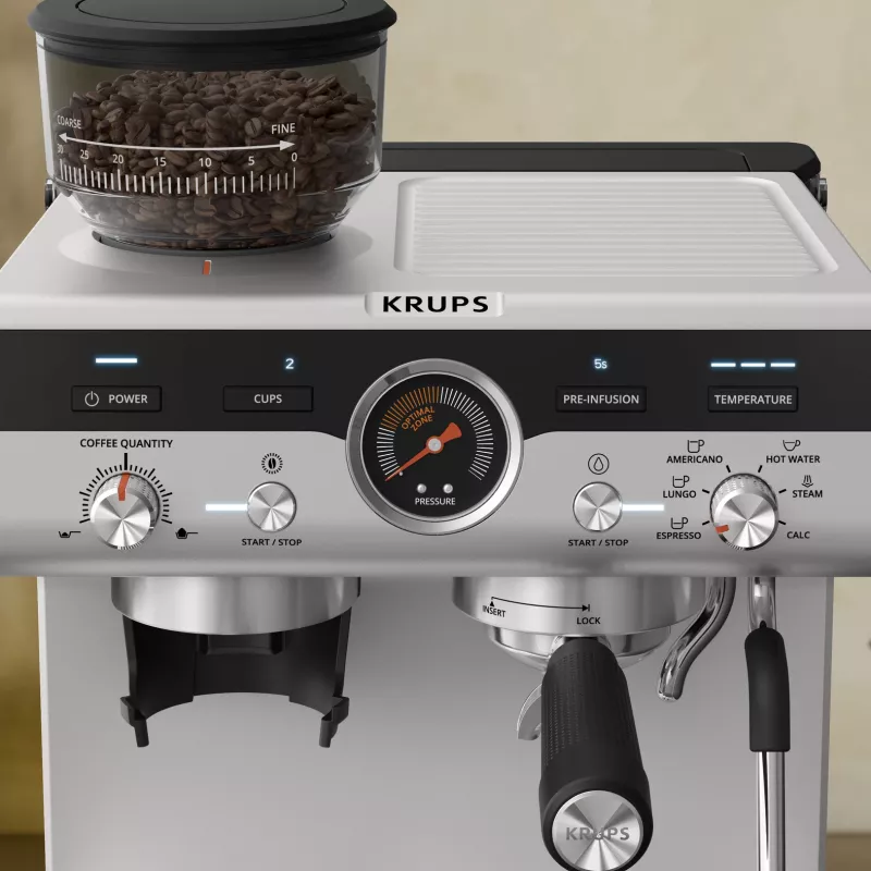 Kavos aparatas KRUPS XP801T pusiau automatinis su malūnėliu, 3 L vandens talpa, 2 puodeliams, juodas/nerūdijantis plienas