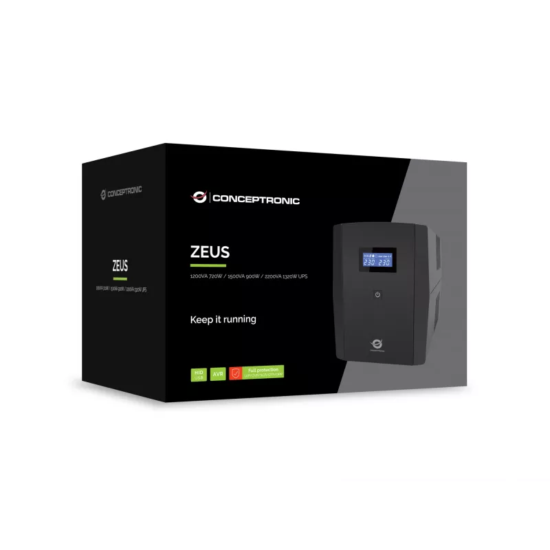 Conceptronic ZEUS03G 1200VA 720W nepertraukiamo maitinimo šaltinis (UPS), 4 UK lizdai, HID USB, RJ45 įėjimas/išėjimas, AVR