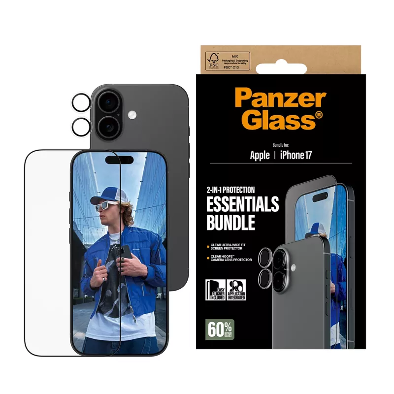 PanzerGlass 2-in-1 Essentials Bundle iPhone 17 – apsauginis stiklas ekranui ir objektyvams