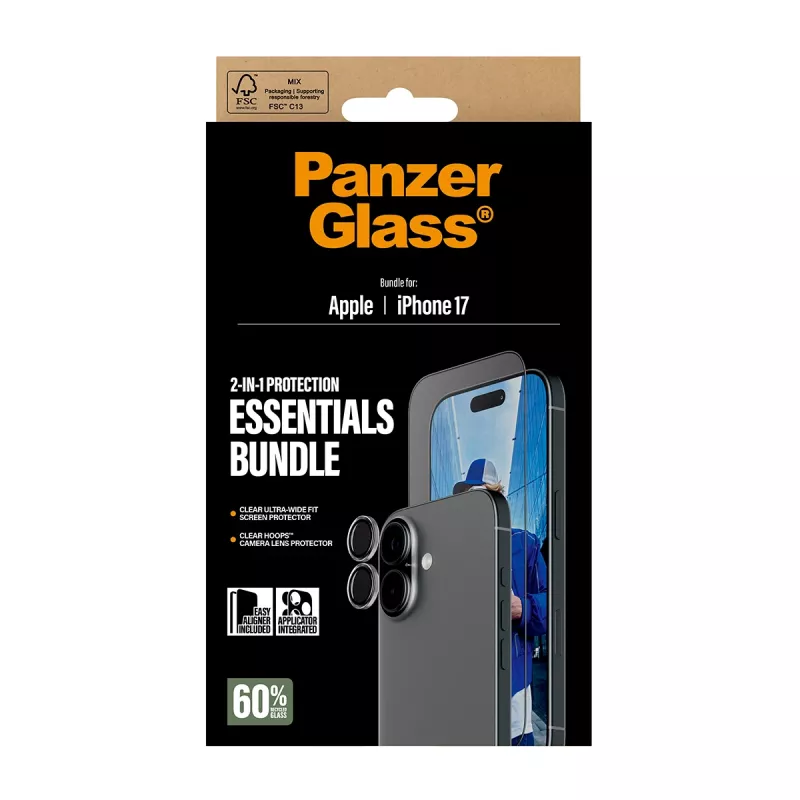 PanzerGlass 2-in-1 Essentials Bundle iPhone 17 – apsauginis stiklas ekranui ir objektyvams
