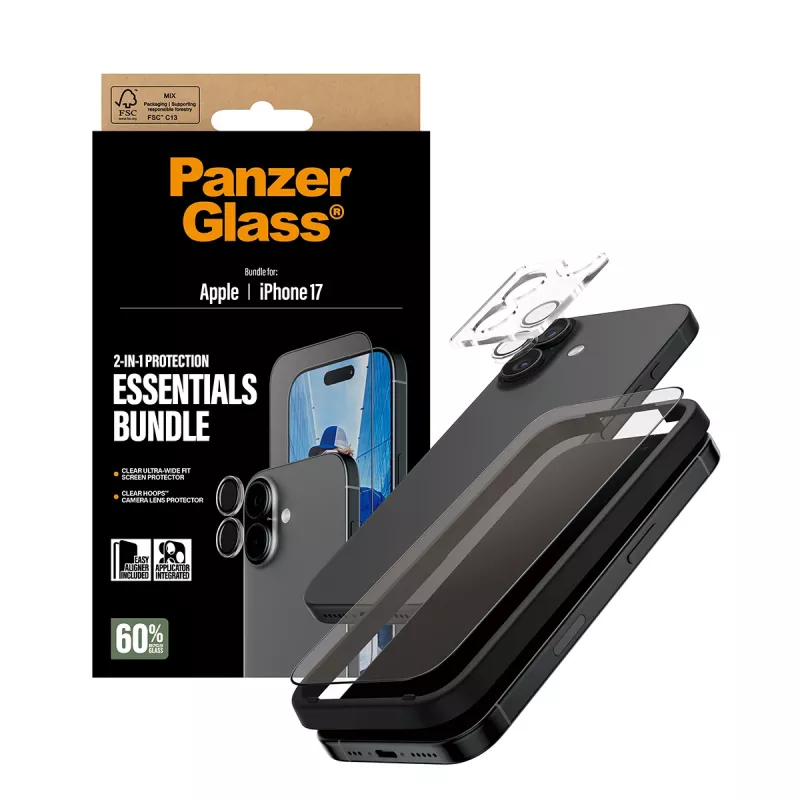 PanzerGlass 2-in-1 Essentials Bundle iPhone 17 – apsauginis stiklas ekranui ir objektyvams