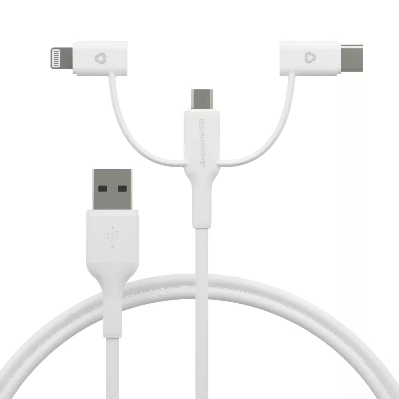 dbramante1928 re-charge - 3in1 laidas USB A į USB-A, USB-C ir Lightning, 1 m, baltas