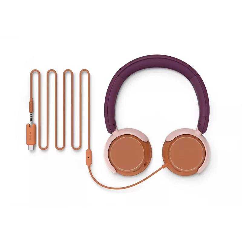 Philips 2000 serijos TAK2000MP/00 ausinės – laidinės, vaikiškos, USB-C, 85 dB ribotuvu, 1,2 m laidas, 135 g, spalvų derinys: oranžinė, violetinė, rožinė