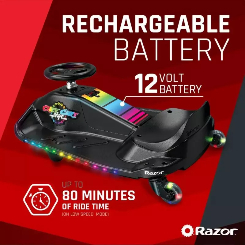 Elektrinis driftinis kartas Razor CRAZY CART Shift Lightshow – įkraunama ličio baterija, LED šviesų šou, 13 km/h, 40 min