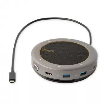 „StarTech.com“ USB-C garsiakalbio ir dokų stotelė su mikrofono funkcija, mini nešiojamas konferencinis garsiakalbis ir garso dokas, USB-C į VGA/4K HDMI, 2x USB-A šakotuvas, mikrofonas/garsiakalbis, skirta „Teams“/„Zoom“/programiniams telefonams
