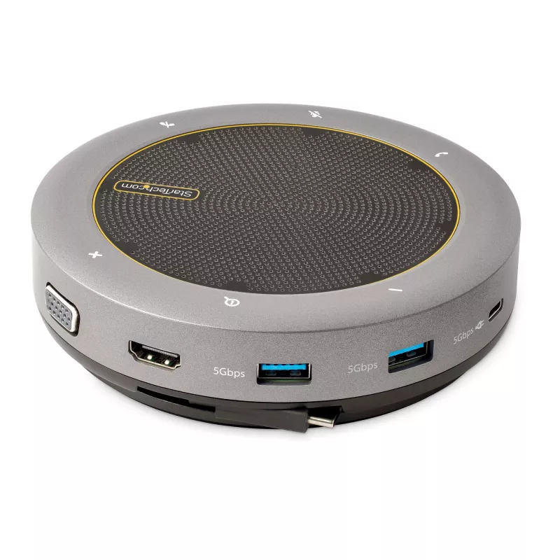 „StarTech.com“ USB-C garsiakalbio ir dokų stotelė su mikrofono funkcija, mini nešiojamas konferencinis garsiakalbis ir garso dokas, USB-C į VGA/4K HDMI, 2x USB-A šakotuvas, mikrofonas/garsiakalbis, skirta „Teams“/„Zoom“/programiniams telefonams