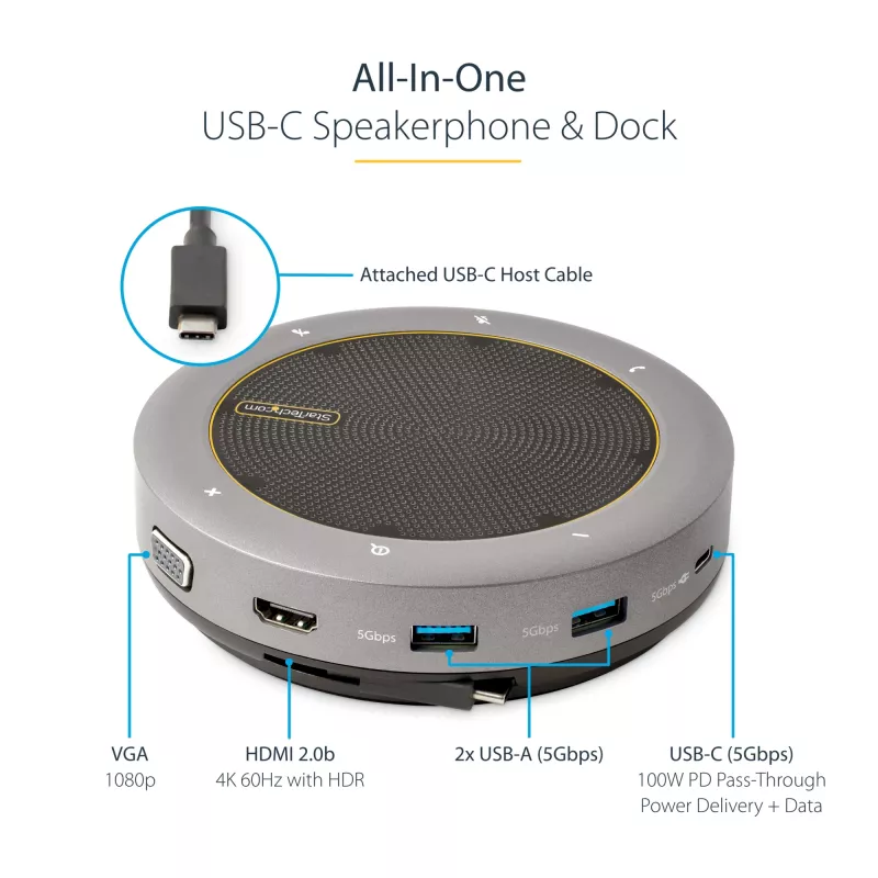 „StarTech.com“ USB-C garsiakalbio ir dokų stotelė su mikrofono funkcija, mini nešiojamas konferencinis garsiakalbis ir garso dokas, USB-C į VGA/4K HDMI, 2x USB-A šakotuvas, mikrofonas/garsiakalbis, skirta „Teams“/„Zoom“/programiniams telefonams