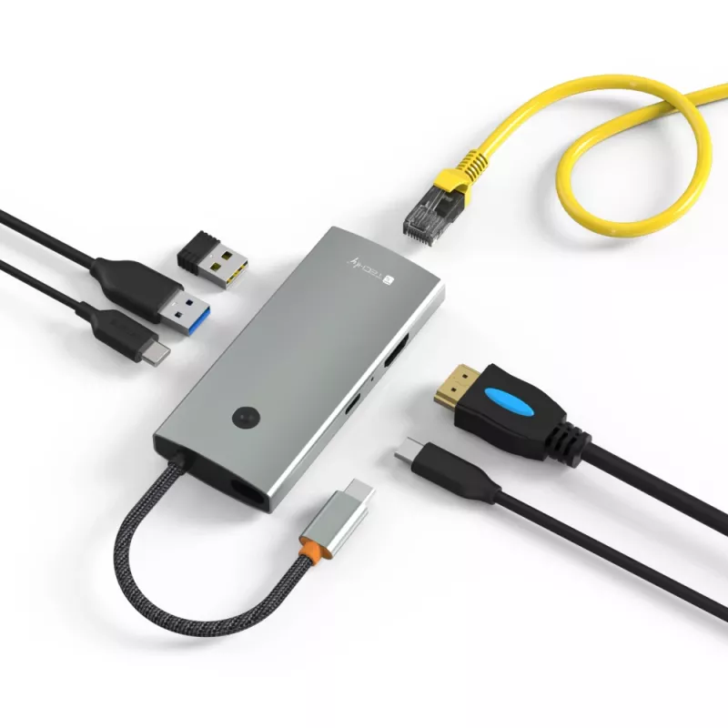 Techly IUSB32C-HUB6HPDI USB 3.2 Gen 1 Type-C stotelė su HDMI, RJ-45, USB-A ir USB-C, 5000 Mbit/s, aliuminis