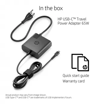 AC USB-C kelioninis maitinimo adapteris 65 W HP – kompaktiškas 100–240 V vidinis įkroviklis, juodas, 74×74×28,5 mm