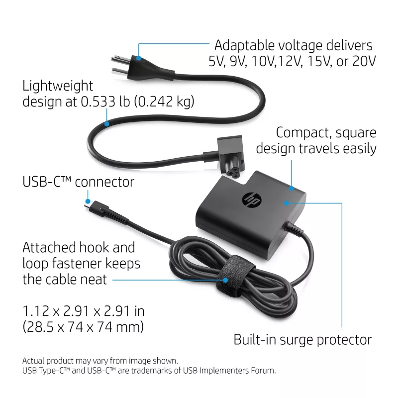 AC USB-C kelioninis maitinimo adapteris 65 W HP – kompaktiškas 100–240 V vidinis įkroviklis, juodas, 74×74×28,5 mm