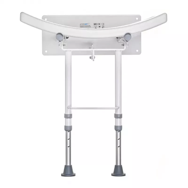 Sieninė sulankstoma dušo kėdė ActionMed KP600AM – balta, ergonomiška sėdynė, reguliuojamos neslystančios kojelės, 3 kg